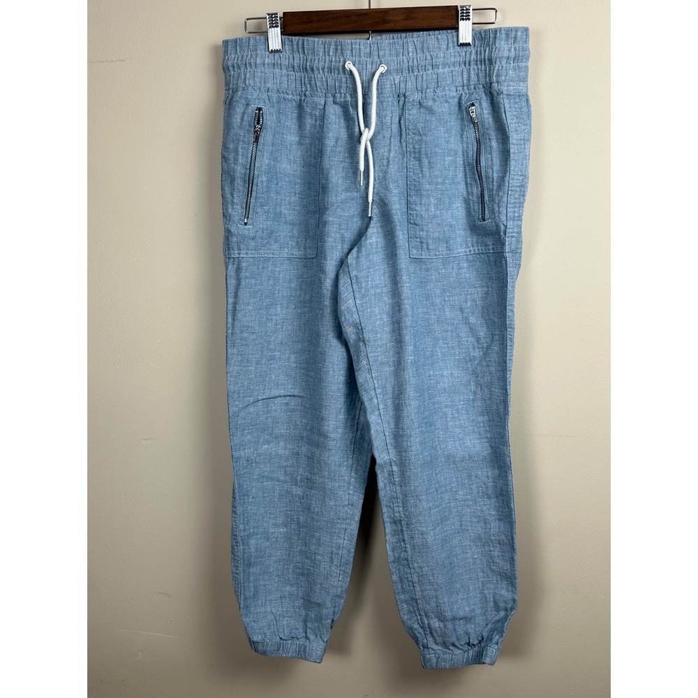 Athleta Cabo Linen Jogger Pants Size 10P Blue 100% Linen Drawstring